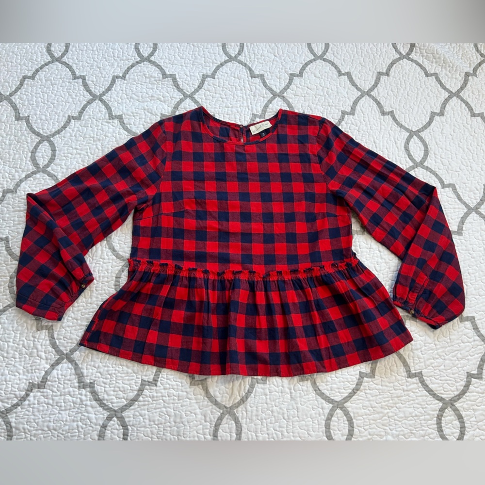 Universal Thread Red/Navy Blue Plaid Cotton Flannel Peplum Top Women’s Medium